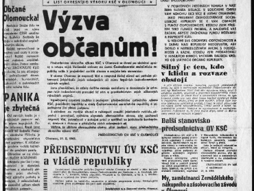 Zvláštní vydání Stráže lidu ze dne 21. srpna 1968, 1. a 2. strana. Vědecká knihovna v Olomouci, sign. III 91420.